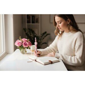 Decorative Pink Beaded Pen With Rhinestones Flower Charm & Glitter Accents Elega